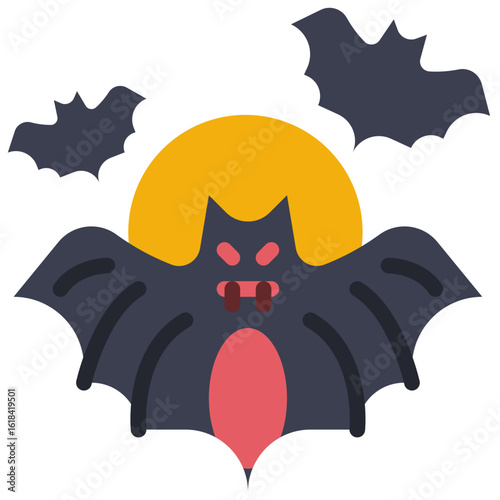 Gothic illustration of a scary nocturnal bat flying against a full moon. A spooky Halloween symbol with other bats in the night sky.