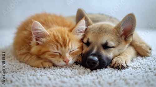 Cute Kitten and Puppy Cuddled Together on Soft Carpet During a Cozy Afternoon