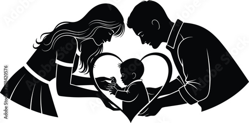 Family silhouette illustration, parents and child, love and care, bonding moment, parental affection scene, happy family unity, relationship design