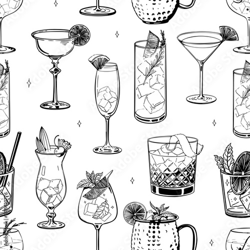 Seamless pattern of hand drawn cocktail glasses with ice citrus garnishes and herbs in vintage sketch style black and white alcoholic drinks background for bar menu wrapping or textile design