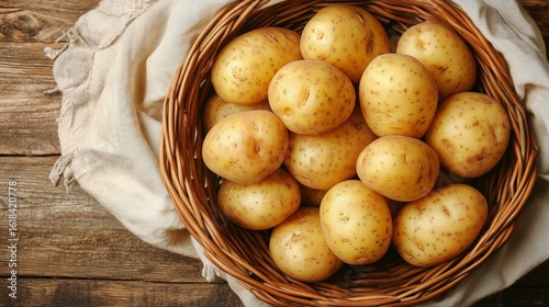 Freshly Harvested Yellow Potatoes in a Rustic Basket on Wooden Surface