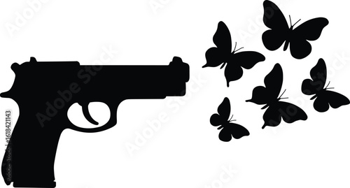 Gun silhouette with butterflies flying, peace and violence symbolism, transformation contrast concept, anti-war illustration, human impact metaphor artwork