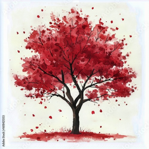 Vibrant Red Tree With Falling Leaves Against a Light Background in an Artisti...