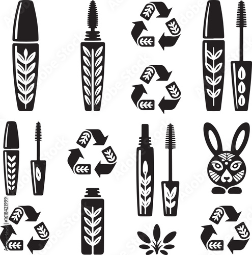 Eco, friendly, cosmetic, icon, set, vegan, mascara, silhouette, vector, black, isolated, illustration, design, natural, organic, cruelty, free
