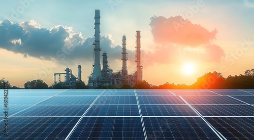 Photovoltaic Panels with Oil Gas Plant Background, Sun Shining Through Clouds Beautiful Sky, Industrial Energy Landscape Photorealistic Style