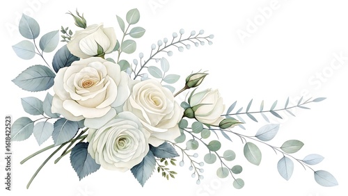 Fototapeta Naklejka Na Ścianę i Meble -  Elegant watercolor floral arrangement featuring delicate white roses and soft blue green eucalyptus leaves in a corner design