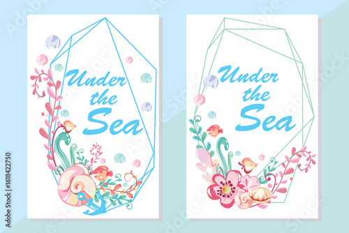 sea round wreath , shell and corals, starfish and pearl, invitation card template with geometric frame.
