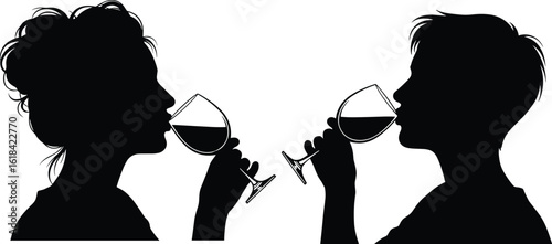 Romantic wine tasting silhouette, elegant couple enjoying drinks, celebration moment, black vector illustration, stylish wine scene, evening event atmosphere