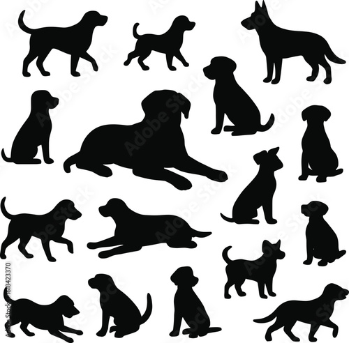 Silhouette collection of multiple dog breeds, pet lover illustration, canine vector artwork, animal pose variety, black and white graphic