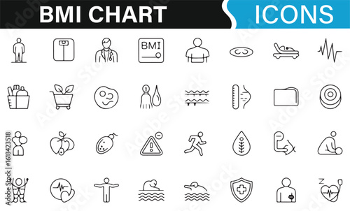 Health and fitness icons for BMI charts, tracking diet and exercise