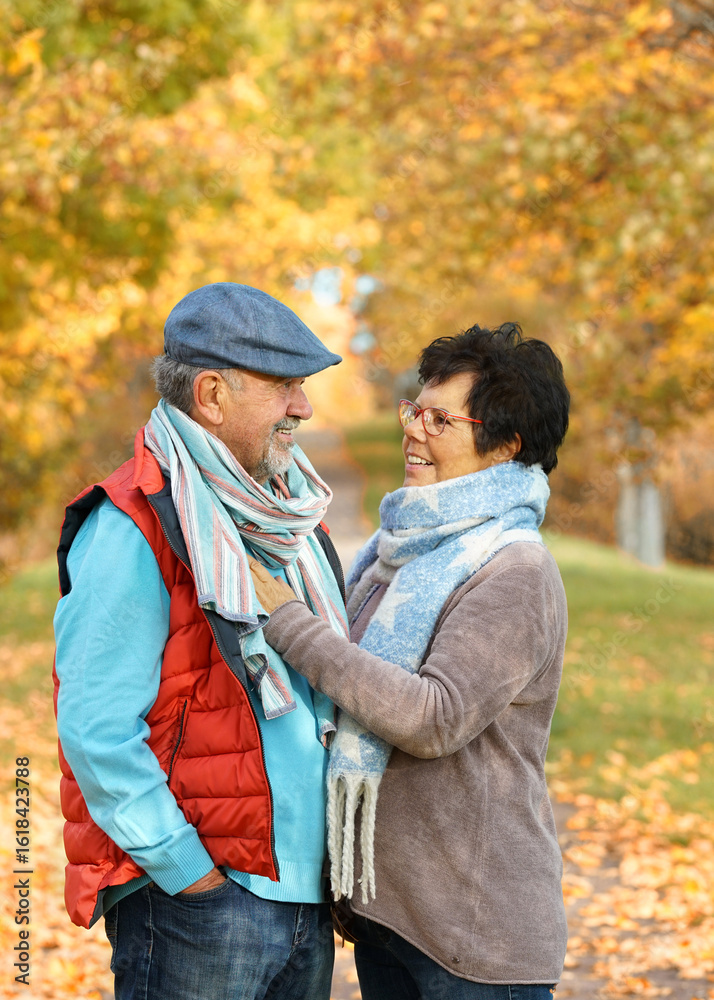 Fototapeta premium senior couple lovingly embraces in a colorful autumn avenue