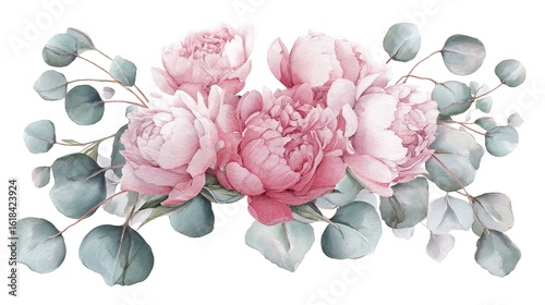 A delicate watercolor illustration of pink peonies and eucalyptus leaves, showcasing botanical beauty.