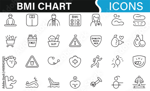 Wellness and fitness icons for BMI chart analysis and health tracking