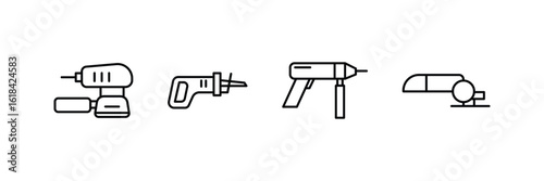 Power tool collection with drill saw gun sander line style icon vector illustration for industrial construction equipment and hardware work.