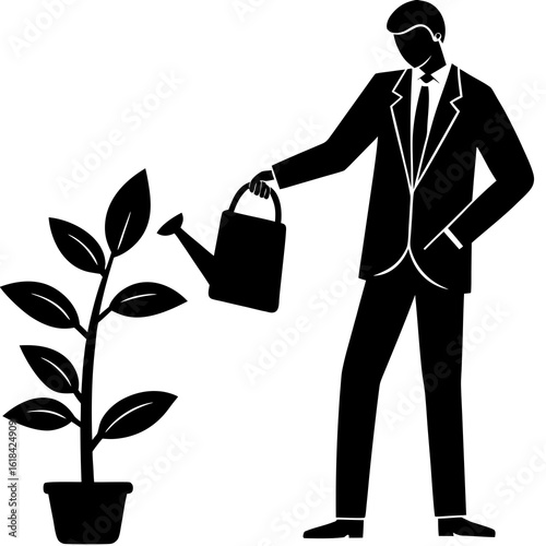 Elegant businessman nurturing growth with watering can, cultivating success, modern design, vector origin
