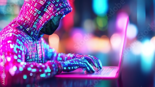 Hacker wearing binary code hoodie programming on laptop at night