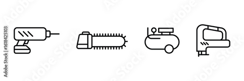 Electric construction workshop and carpentry tool icon set for industrial machinery repair equipment and engineering maintenance vector illustration.
