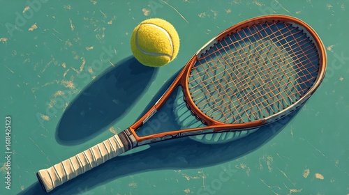 Tennis Racket and Ball on a Green Court Surface During Daylight Hours