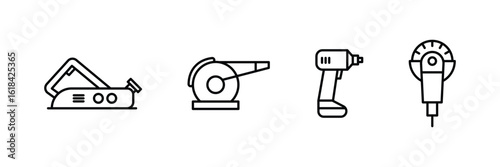 Industrial workshop cutting and drilling machine tool icon collection for engineering equipment repair and mechanical hardware vector line illustration.