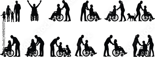 Silhouette of inclusive family caregiving, wheelchair support, unity, compassion, diverse relationships, disability assistance, heartwarming interactions, vector scene, everyday connection