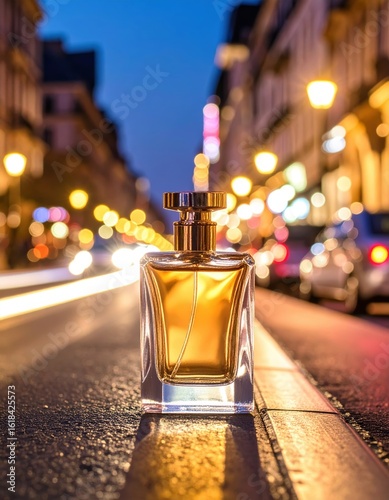 Perfume bottle on urban street, a captivating blend of luxury and city vibes. explore the aromatic scent of top notes.