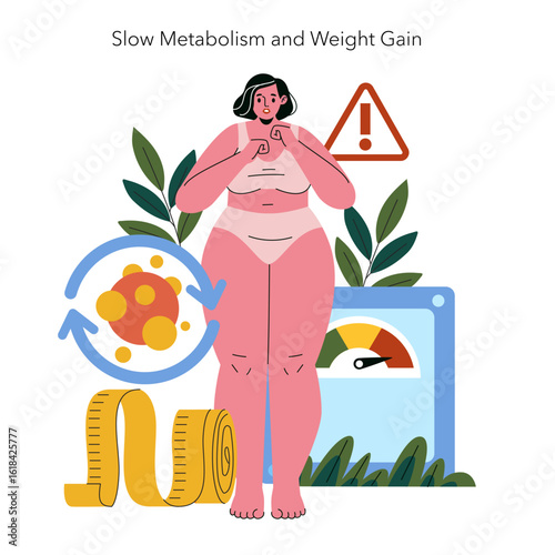 Illustration of Slow Metabolism and Weight Gain Concept