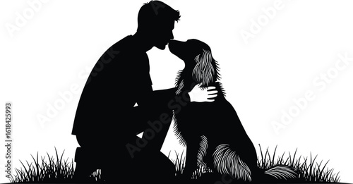 Silhouette of person with dog, emotional connection, outdoor bonding, pet companionship, nature love, loyalty, friendship, vector artwork, peaceful moment
