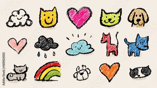Colorful Crayon Drawing of Clouds, Hearts, Rainbow, and Animals on White Background, Childlike Art