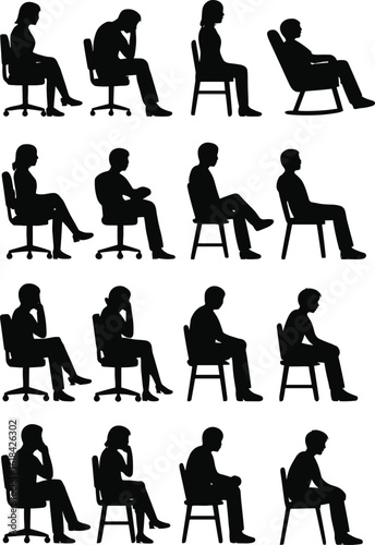 Silhouette of seated people in various chair positions, office and casual seating posture, ergonomic study reference, human sitting figure illustration