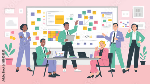 Diverse business team engaged in creative strategy session with charts, sticky notes, and kpi board in modern collaborative office setting