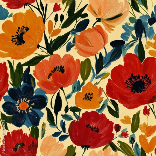 Colorful Floral Design Featuring Vibrant Flowers and Leaves Against a Light B...