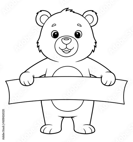Cute Cartoon Bear Holding a Blank Banner, Outline Illustration
