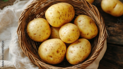 Freshly Harvested Yellow Potatoes in a Rustic Basket on Wooden Surface.
