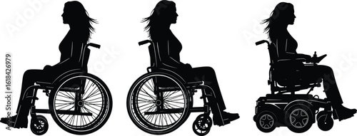 Silhouette of woman using manual and electric wheelchairs, accessible mobility, disability empowerment, independence, healthcare, vector illustration, technology solutions