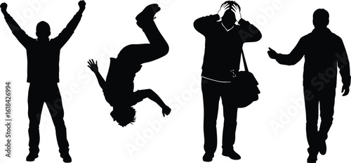 Silhouette people expressing emotion, flipping, walking, celebrating movement, black and white pose, energetic gesture, action posture, creative concept, vector illustration