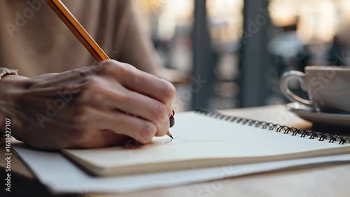 Creative Inspiration. Closeup of a woman sketching in a notebook with a coffee cup