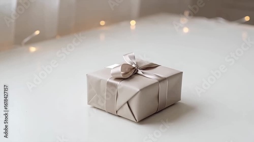 Gift Wrapped in Beige Paper with Silk Ribbon and Bow for a Special Occasion.
