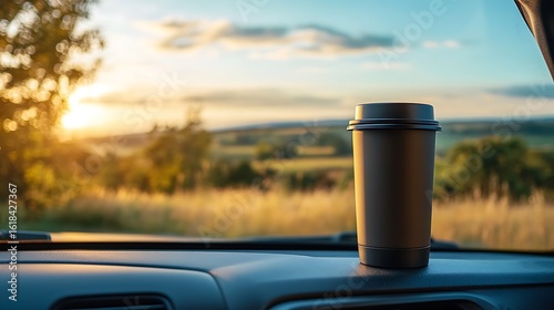 Coffee Cup Resting On Car Dashboard At Sunset