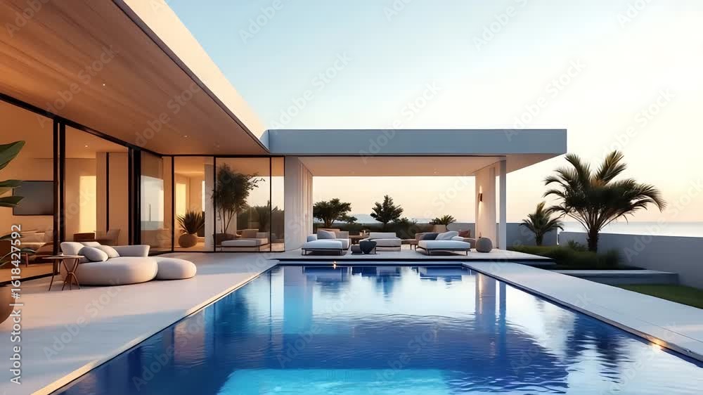 Luxury Modern Villa with Infinity Pool Overlooking Ocean at Sunset Luxury Modern Villa with Infinity Pool Overlooking Ocean at Sunset