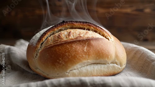 Freshly Baked Bread Loaf with Steam, Resting on a Rustic Linen Cloth Surface.