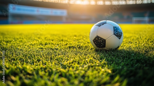 Soccer Ball Resting on Lush Green Grass Under Bright Sunlight at a Stadium in...