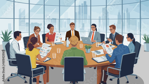 Diverse corporate team in strategy meeting around large round table with laptops and documents in modern office overlooking cityscape.