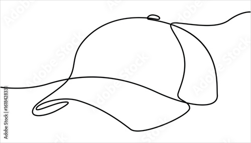 Single continuous line drawing hiking adventure cap hat, trip, travel, camping. Travel accessory, hiking clothes. Continuous line drawing of baseball cap. One line drawing of a baseball cap.
