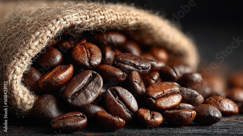 Freshly roasted coffee beans spilling from burlap sack onto rustic wood, macro close-up of glossy texture and deep brown hues, warm side lighting evoking aroma, gourmet food scene

