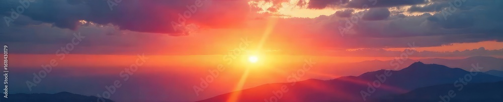 Obraz premium A vibrant sunrise paints the sky with brilliant, hopeful colors, promising a bright and optimistic day ahead Perfect for concepts of new beginnings, hope, and positive energy , landscape, daybreak