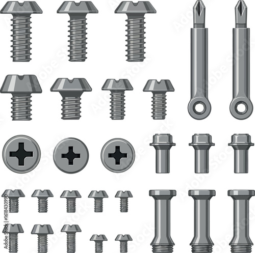 A detailed vector set showcasing an assortment of industrial metal screws and bolts in various sizes and head types.