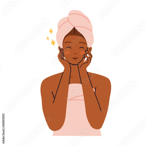 Black woman is happy with her skin. concept of skin care. Info-graphic in flat style of beauty procedures