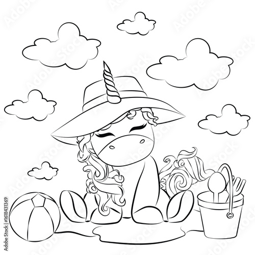 A cute summer unicorn. Vector illustration for coloring book for children
