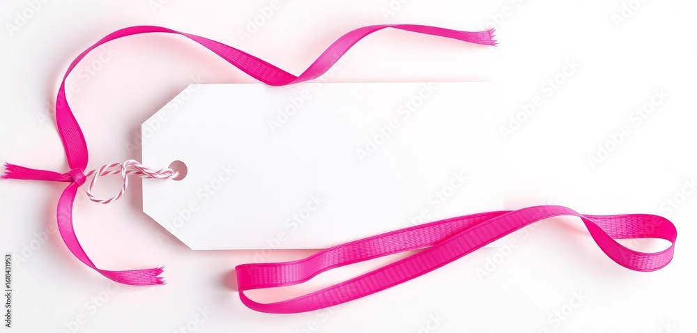 Obraz premium Blank gift tag with pink striped ribbon on white background, top view, texture, white background
