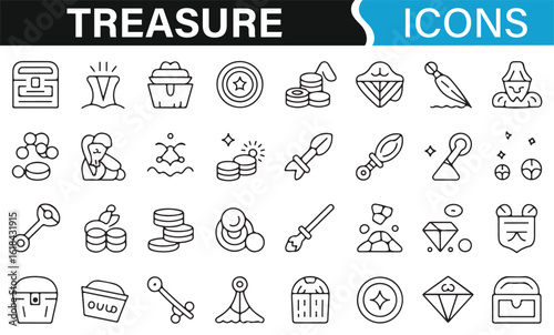 Treasure chest, gold coins, and jewels icon set for wealth representation
